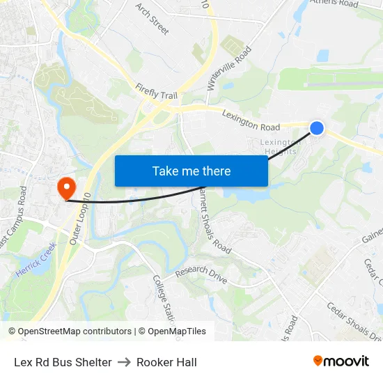 Lex Rd Bus Shelter to Rooker Hall map