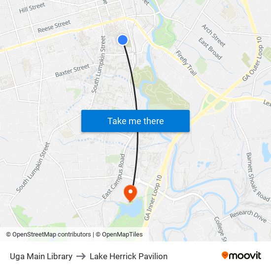 Uga Main Library to Lake Herrick Pavilion map