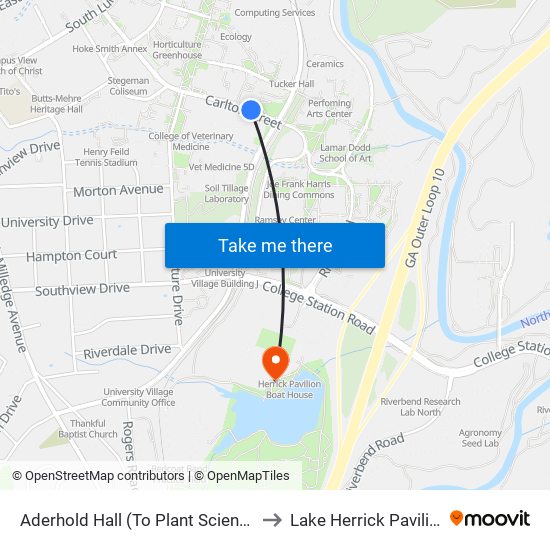 Aderhold Hall (To Plant Science) to Lake Herrick Pavilion map