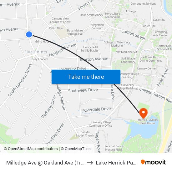 Milledge Ave @ Oakland Ave (Tri-Delta) to Lake Herrick Pavilion map