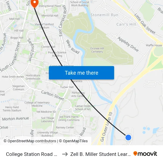 College Station Road Park & Ride to Zell B. Miller Student Learning Center map