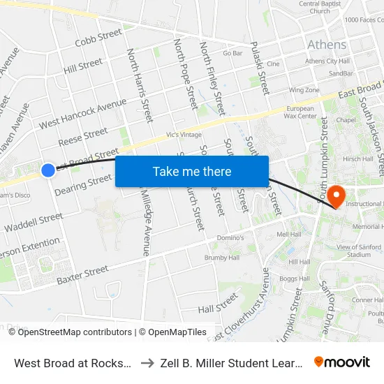 West Broad at Rocksprings Ob to Zell B. Miller Student Learning Center map