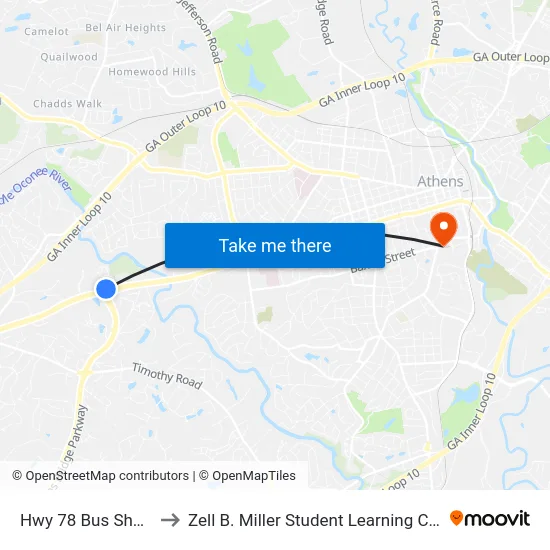 Hwy 78 Bus Shelter to Zell B. Miller Student Learning Center map