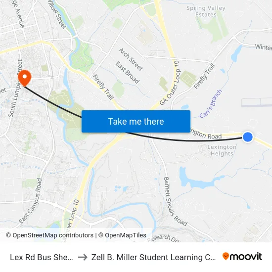 Lex Rd Bus Shelter to Zell B. Miller Student Learning Center map