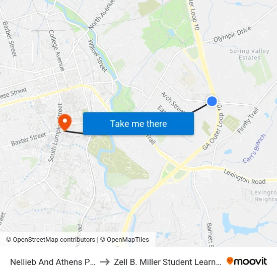 Nellieb And Athens Perimeter to Zell B. Miller Student Learning Center map