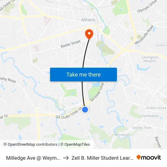 Milledge Ave @ Weymand Cir Sb to Zell B. Miller Student Learning Center map