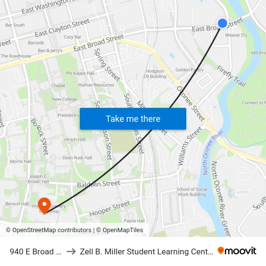 940 E Broad St to Zell B. Miller Student Learning Center map
