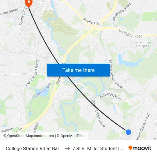 College Station Rd at Barnett Shoals Rd to Zell B. Miller Student Learning Center map