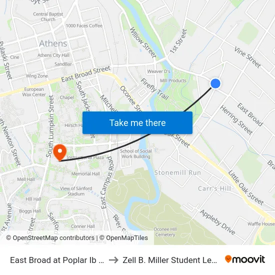 East Broad at Poplar Ib (Temporary) to Zell B. Miller Student Learning Center map