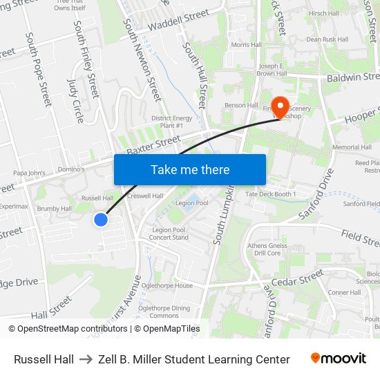 Russell Hall to Zell B. Miller Student Learning Center map