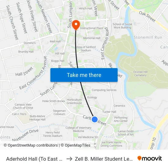Aderhold Hall (To East Campus Rd.) to Zell B. Miller Student Learning Center map