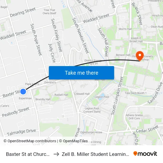 Baxter St at Church St Ib to Zell B. Miller Student Learning Center map