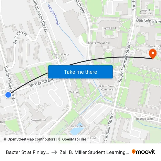 Baxter St at Finley St Ib to Zell B. Miller Student Learning Center map