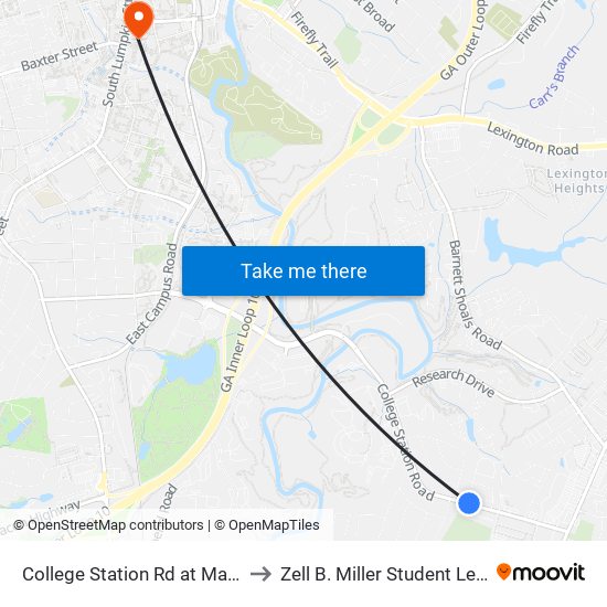 College Station Rd at Mark Twain Cir Ib to Zell B. Miller Student Learning Center map