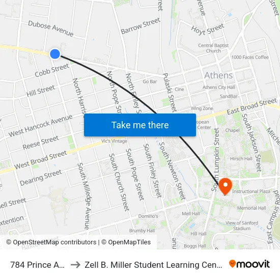 784 Prince Ave to Zell B. Miller Student Learning Center map