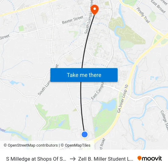 S Milledge at Shops Of South Athens Ob to Zell B. Miller Student Learning Center map