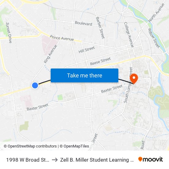 1998 W Broad Street to Zell B. Miller Student Learning Center map