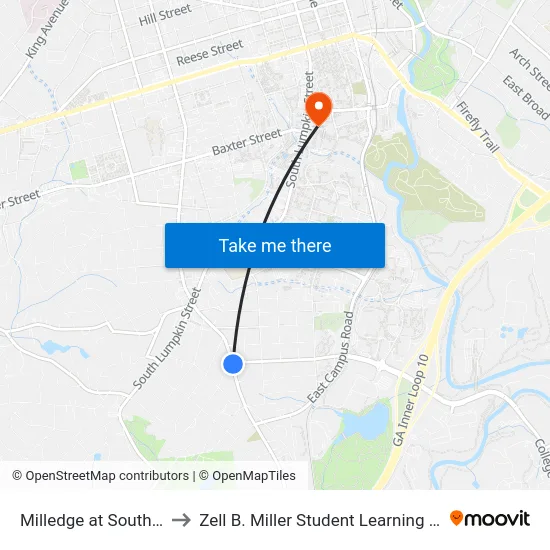 Milledge at Southview to Zell B. Miller Student Learning Center map