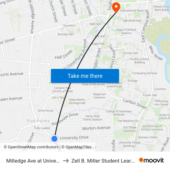 Milledge Ave at University Dr Ib to Zell B. Miller Student Learning Center map