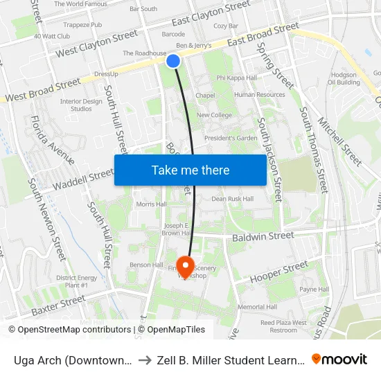 Uga Arch (Downtown Athens) to Zell B. Miller Student Learning Center map