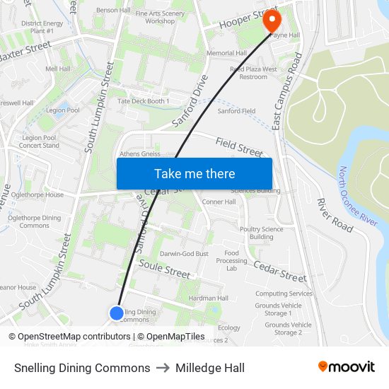 Snelling Dining Commons to Milledge Hall map