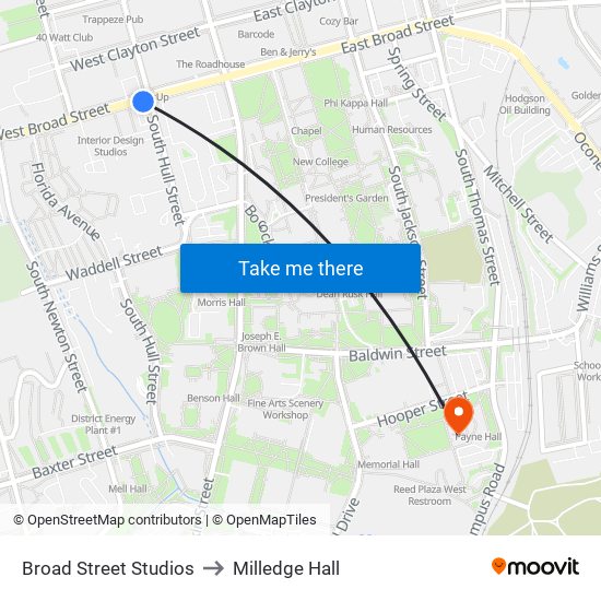 Broad Street Studios to Milledge Hall map