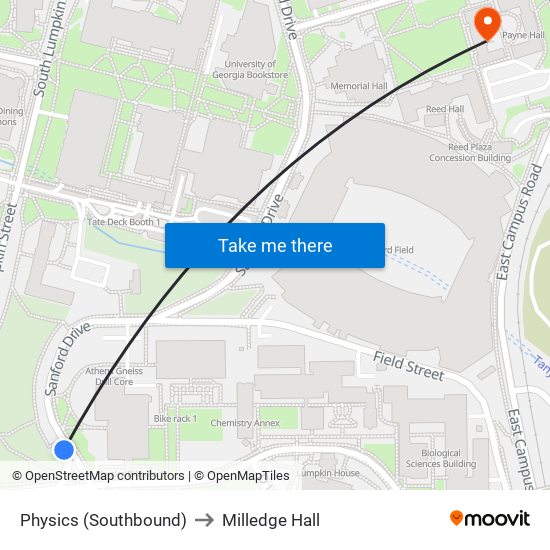 Physics (Southbound) to Milledge Hall map