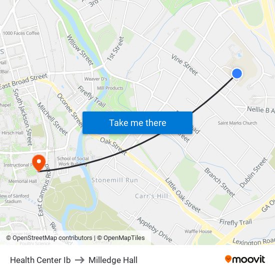 Health Center Ib to Milledge Hall map