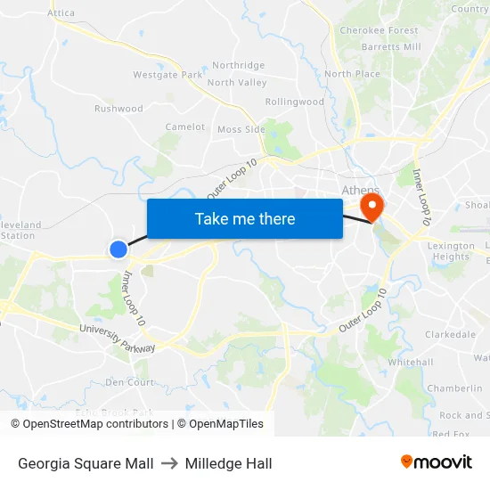 Georgia Square Mall to Milledge Hall map