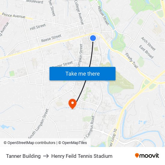 Tanner Building to Henry Feild Tennis Stadium map