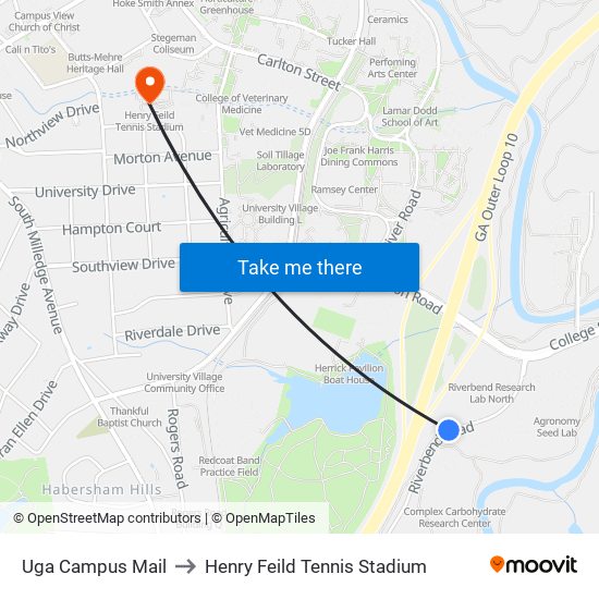 Uga Campus Mail to Henry Feild Tennis Stadium map