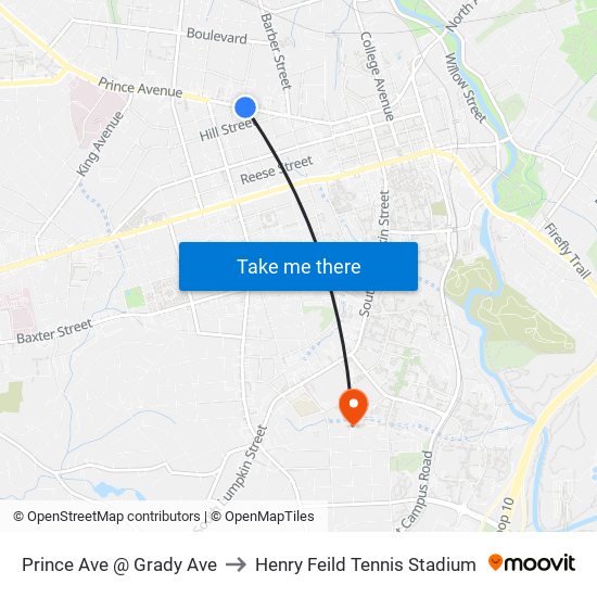 Prince Ave @ Grady Ave to Henry Feild Tennis Stadium map