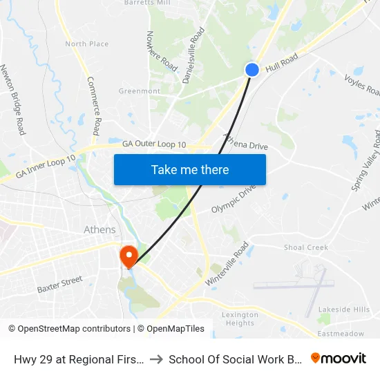 Hwy 29 at Regional First Care to School Of Social Work Building map