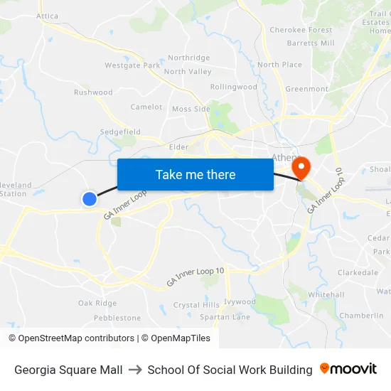 Georgia Square Mall to School Of Social Work Building map
