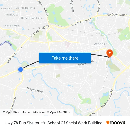 Hwy 78 Bus Shelter to School Of Social Work Building map