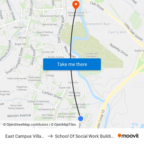 East Campus Village to School Of Social Work Building map