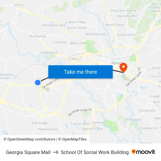 Georgia Square Mall to School Of Social Work Building map