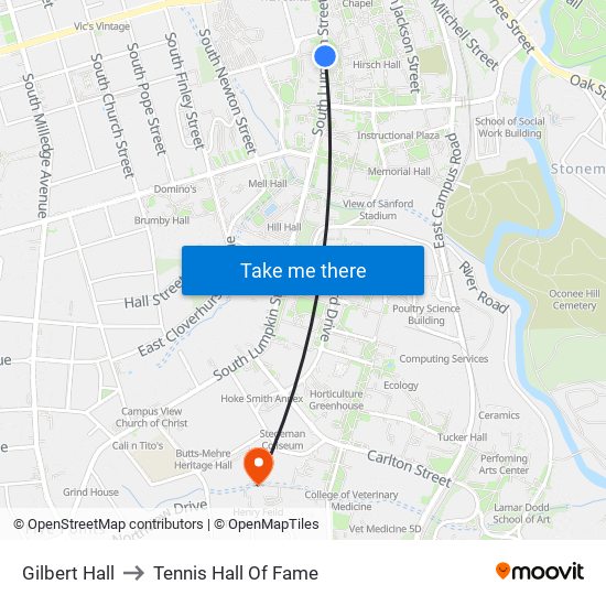 Gilbert Hall to Tennis Hall Of Fame map