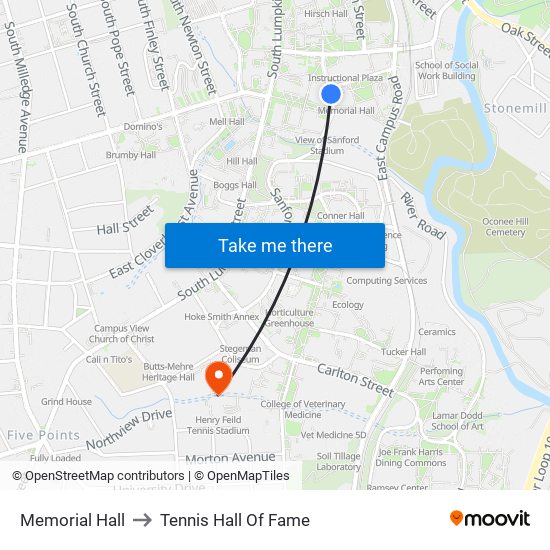 Memorial Hall to Tennis Hall Of Fame map