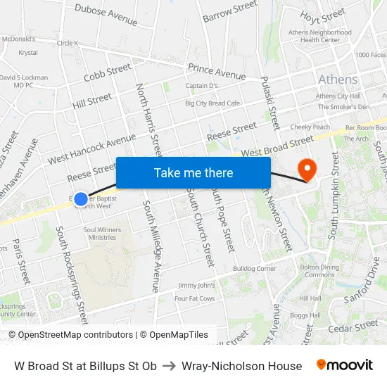 W Broad St at Billups St Ob to Wray-Nicholson House map
