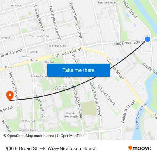 940 E Broad St to Wray-Nicholson House map