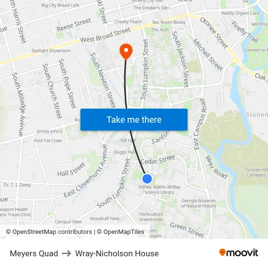 Meyers Quad to Wray-Nicholson House map