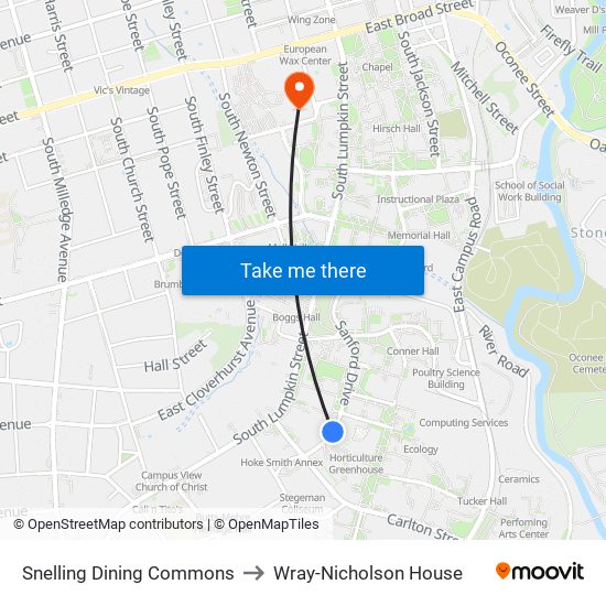 Snelling Dining Commons to Wray-Nicholson House map