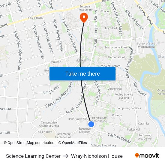 Science Learning Center to Wray-Nicholson House map