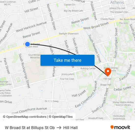 W Broad St at Billups St Ob to Hill Hall map