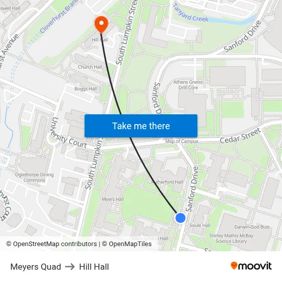 Meyers Quad to Hill Hall map