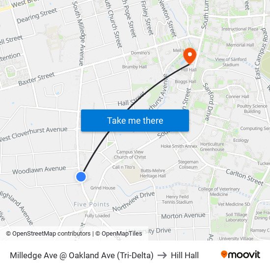 Milledge Ave @ Oakland Ave (Tri-Delta) to Hill Hall map