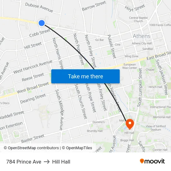 784 Prince Ave to Hill Hall map