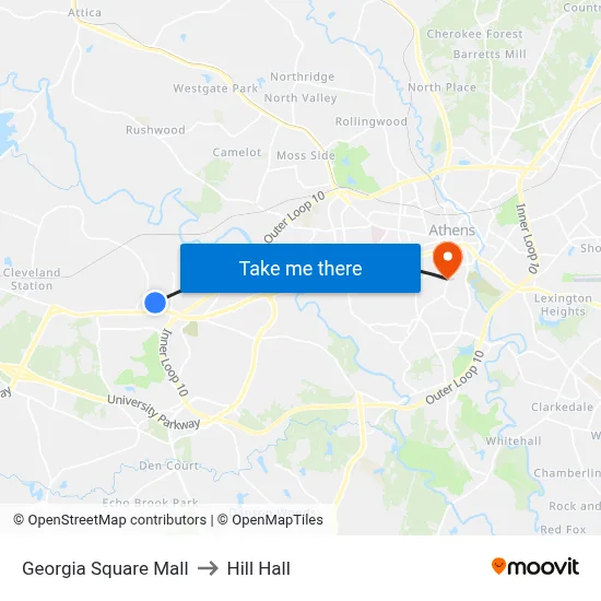 Georgia Square Mall to Hill Hall map