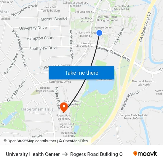 University Health Center to Rogers Road Building Q map